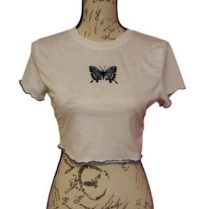 Shein Ladies Size Small White Blue Butterfly Crop Top with Blue Edging